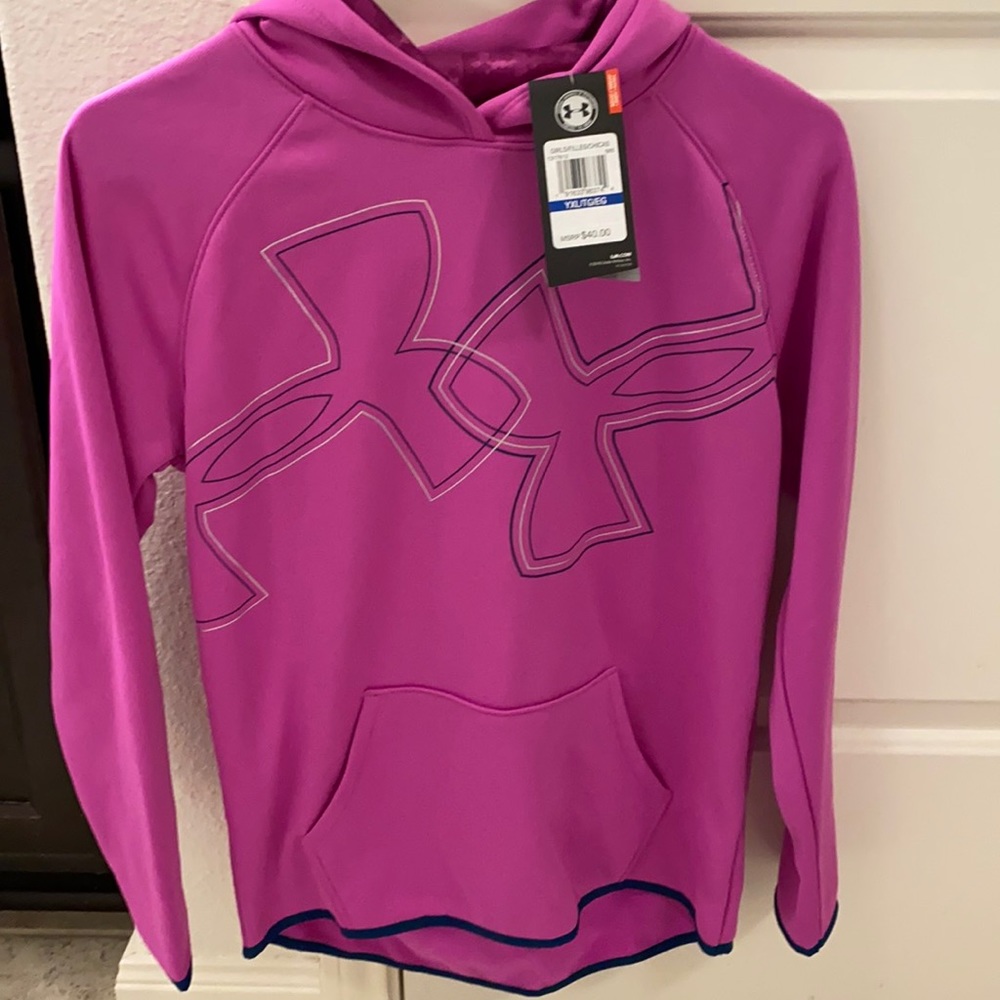 Youth XL under armour sweater, purplish pink with blue and silver. New with tags